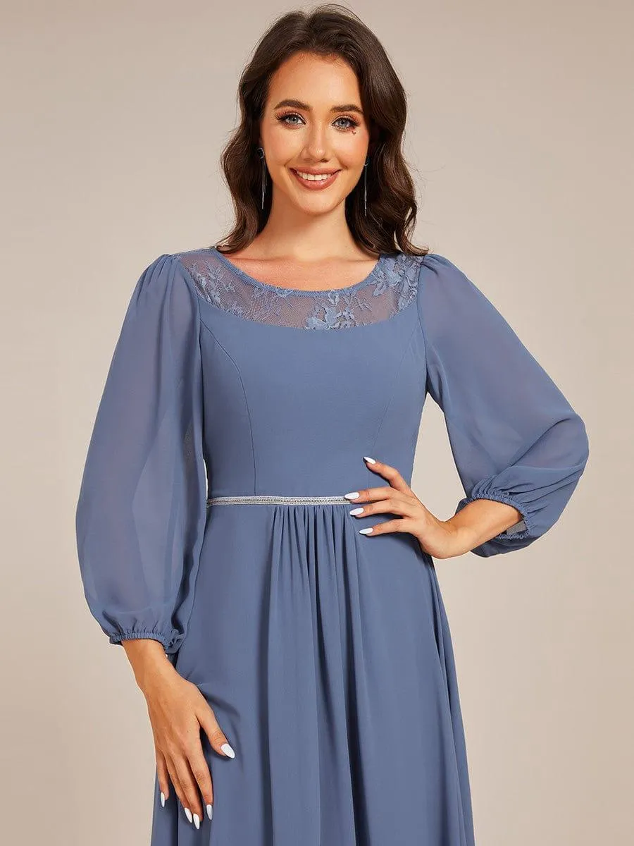 Cora | Long Sleeve Waist Chain Round Neckline Midi Chiffon Wedding Guest Dress