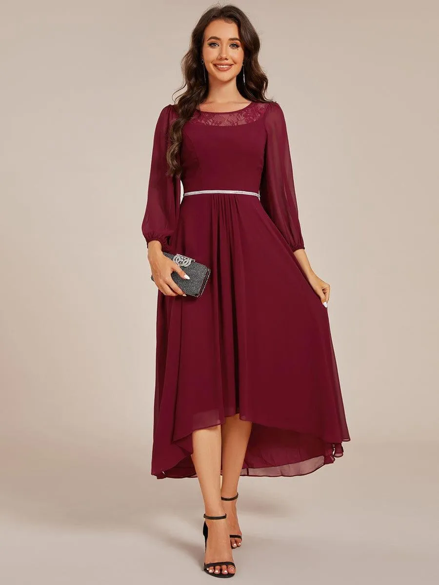 Cora | Long Sleeve Waist Chain Round Neckline Midi Chiffon Wedding Guest Dress