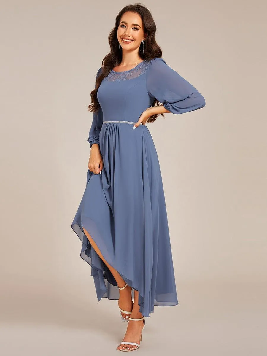Cora | Long Sleeve Waist Chain Round Neckline Midi Chiffon Wedding Guest Dress