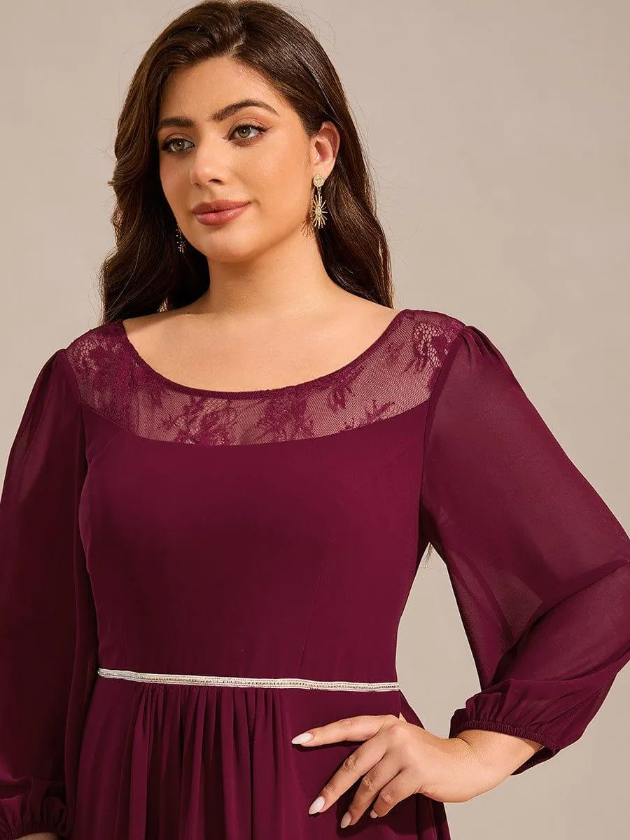Cora | Long Sleeve Waist Chain Round Neckline Midi Chiffon Wedding Guest Dress