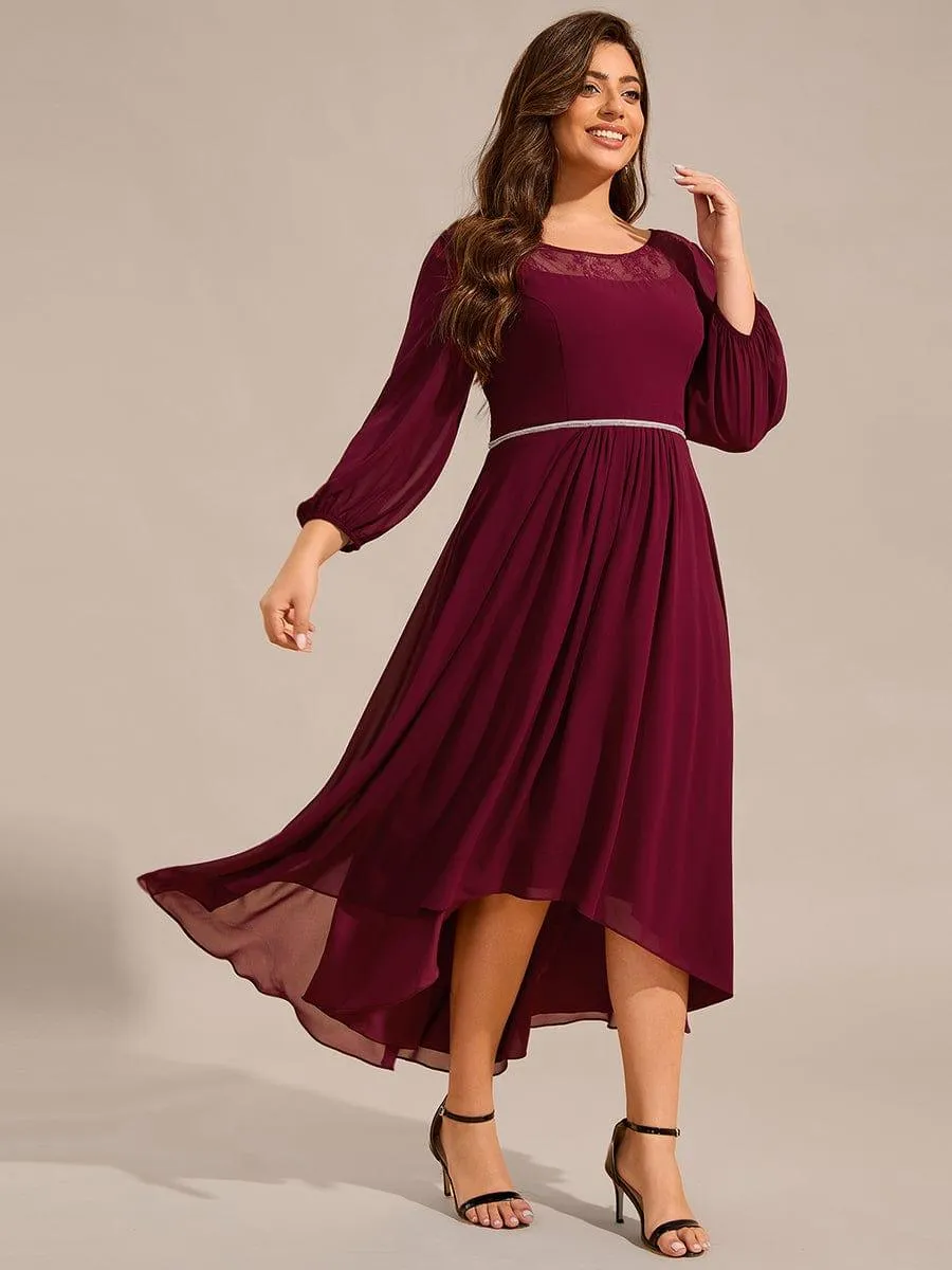 Cora | Long Sleeve Waist Chain Round Neckline Midi Chiffon Wedding Guest Dress