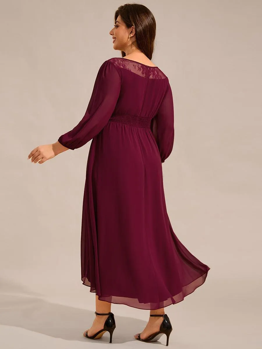 Cora | Long Sleeve Waist Chain Round Neckline Midi Chiffon Wedding Guest Dress