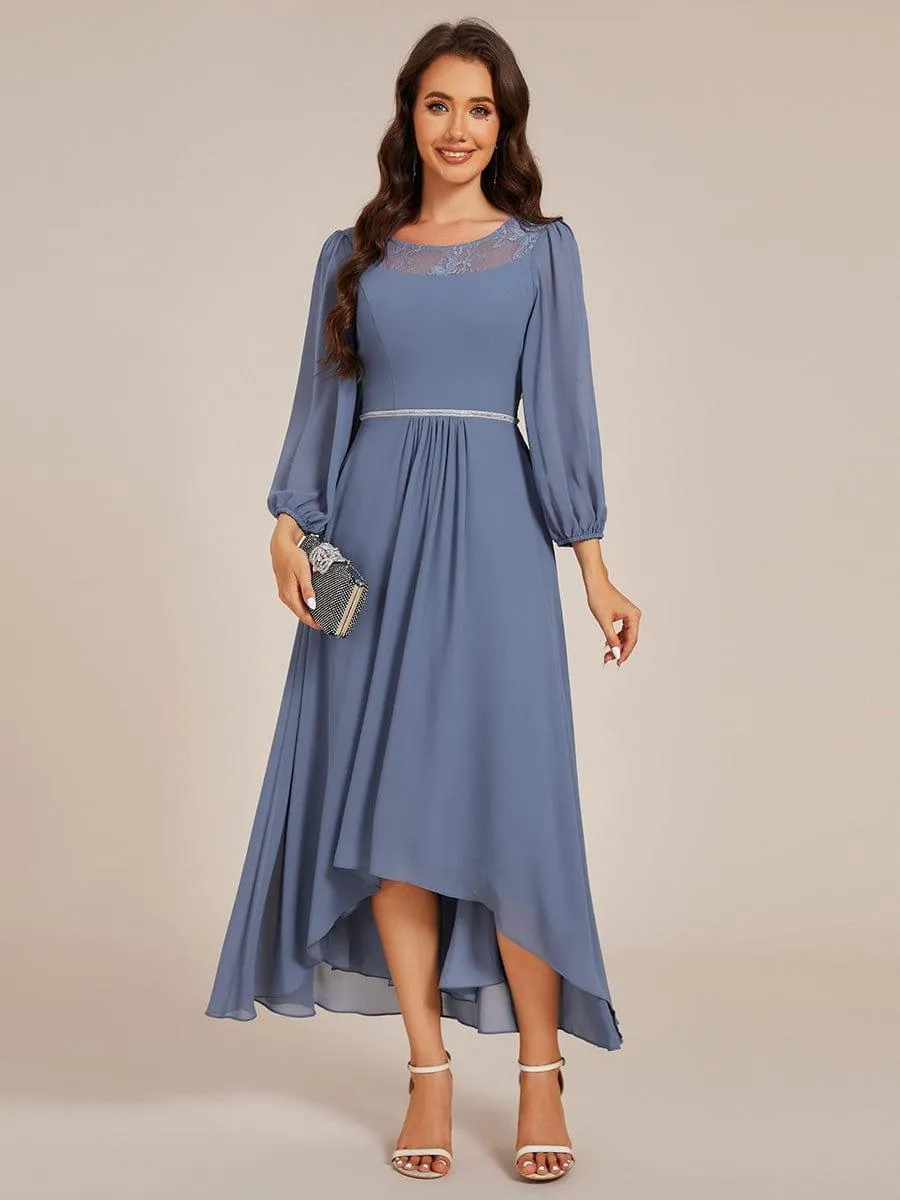 Cora | Long Sleeve Waist Chain Round Neckline Midi Chiffon Wedding Guest Dress