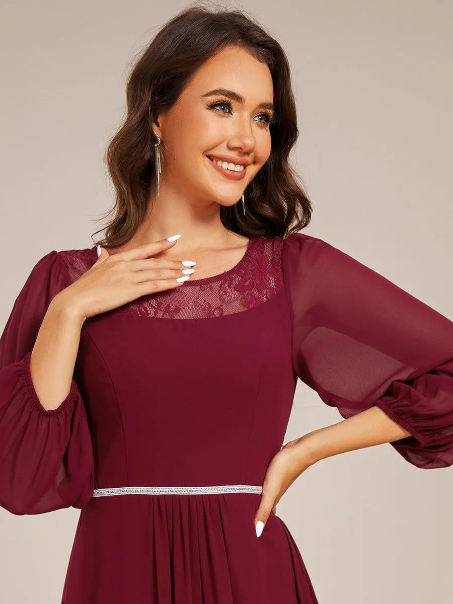 Cora | Long Sleeve Waist Chain Round Neckline Midi Chiffon Wedding Guest Dress