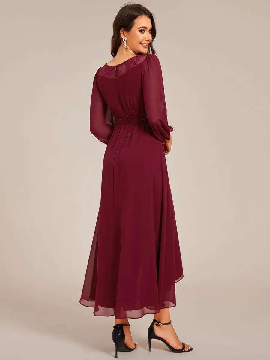 Cora | Long Sleeve Waist Chain Round Neckline Midi Chiffon Wedding Guest Dress