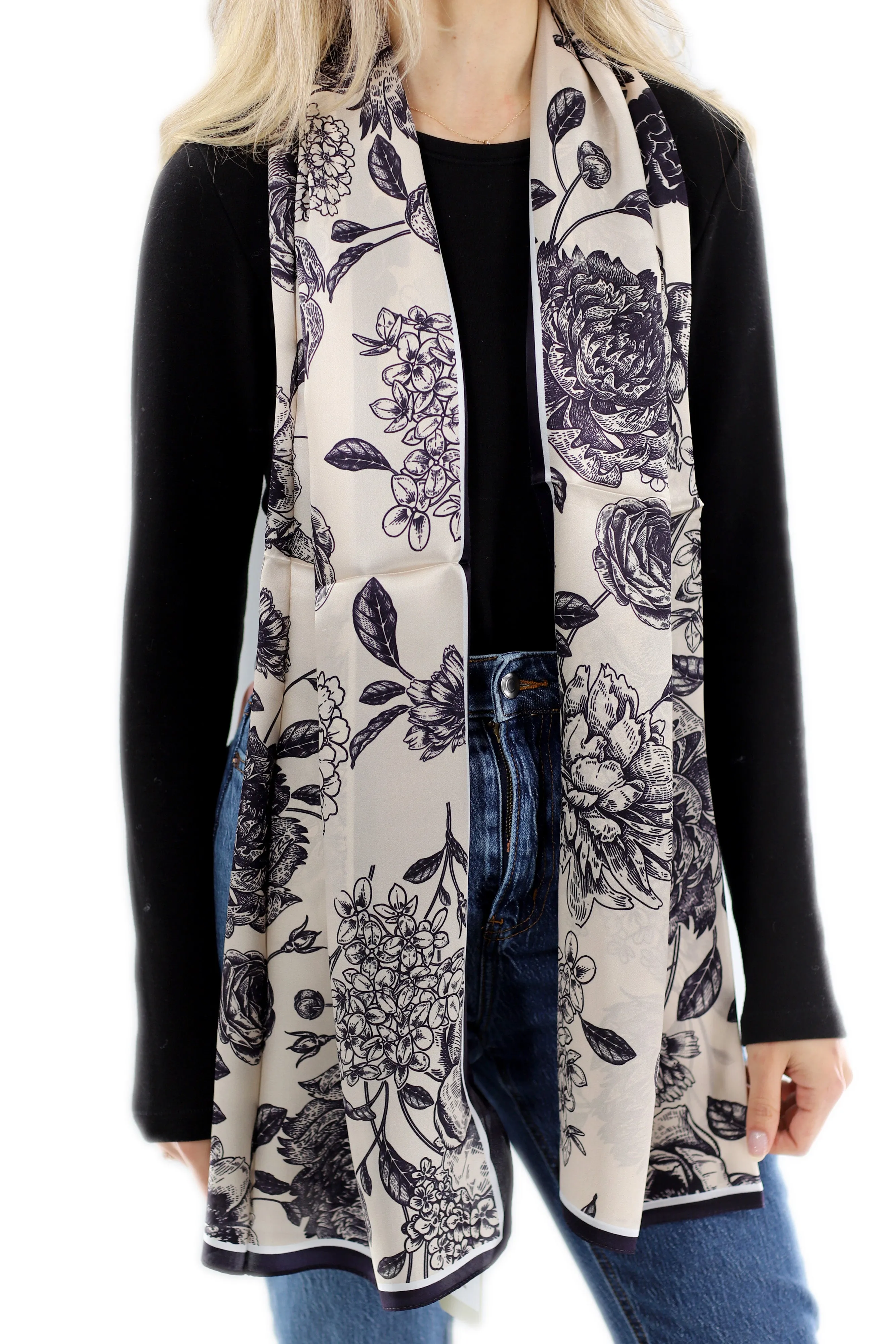 Elegant 100% Silk Floral Print Scarf - Black - One Size (38x30in)