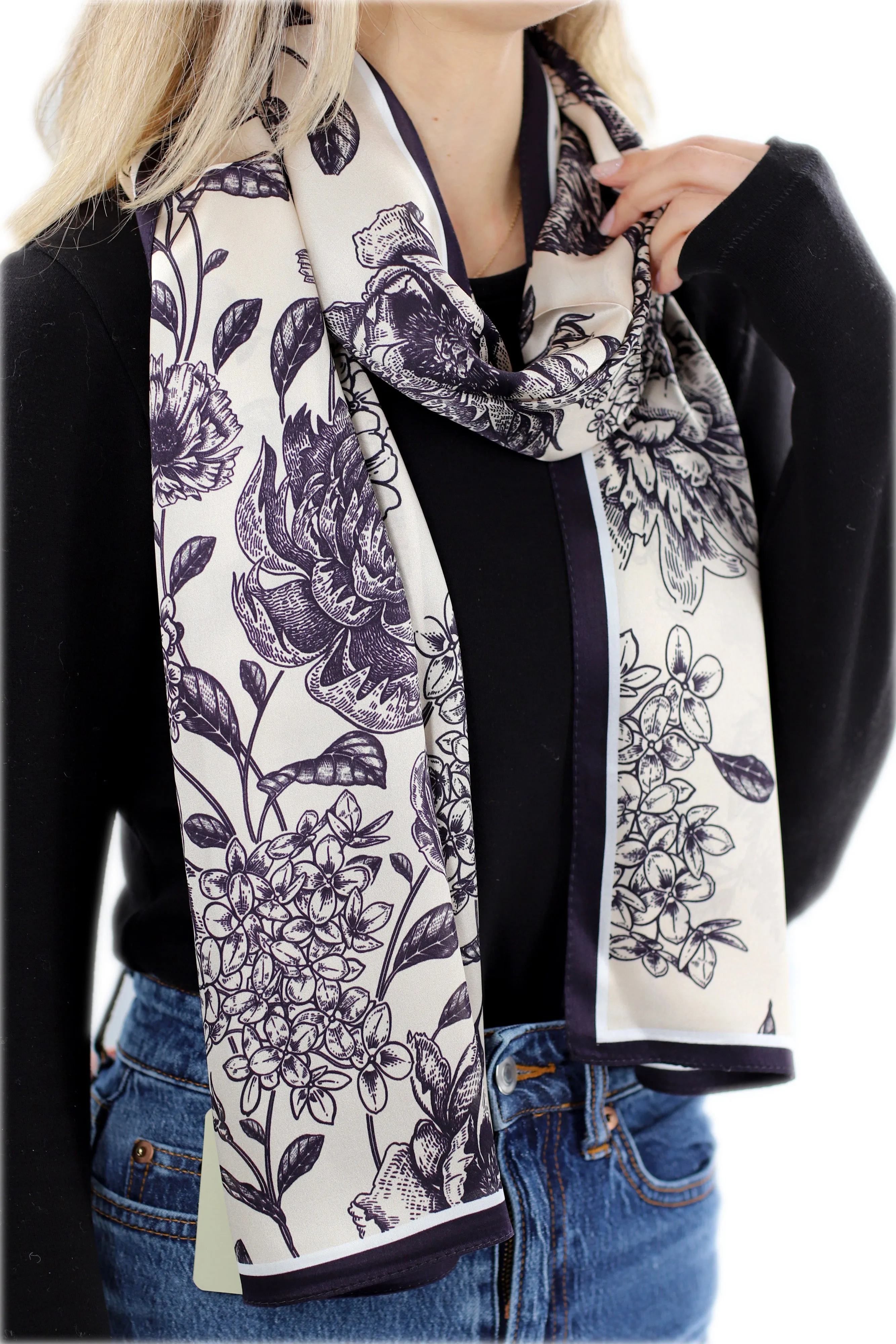 Elegant 100% Silk Floral Print Scarf - Black - One Size (38x30in)