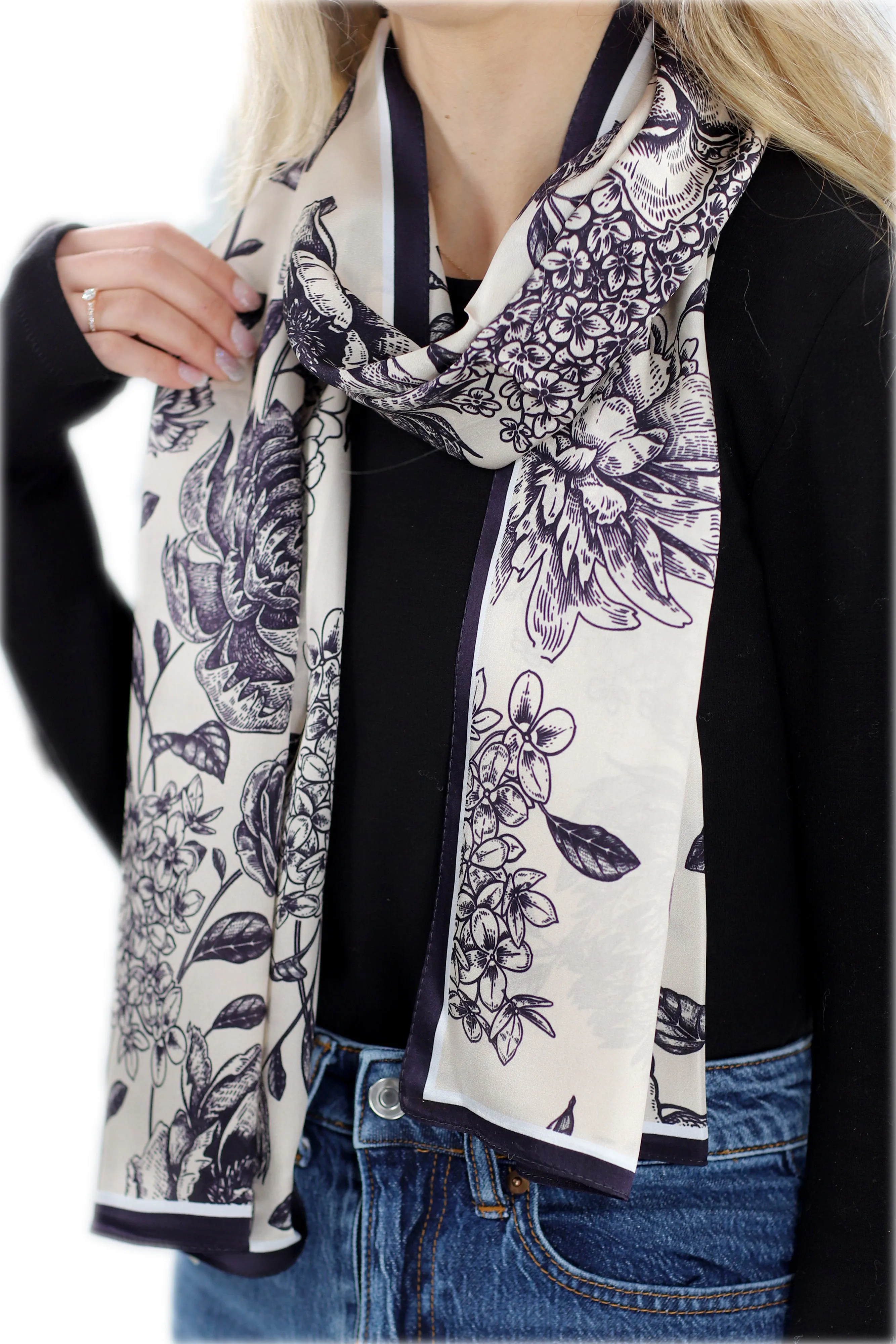 Elegant 100% Silk Floral Print Scarf - Black - One Size (38x30in)