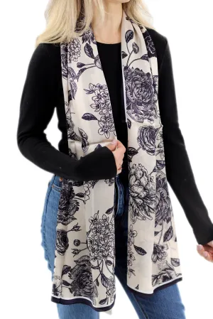 Elegant 100% Silk Floral Print Scarf - Black - One Size (38x30in)