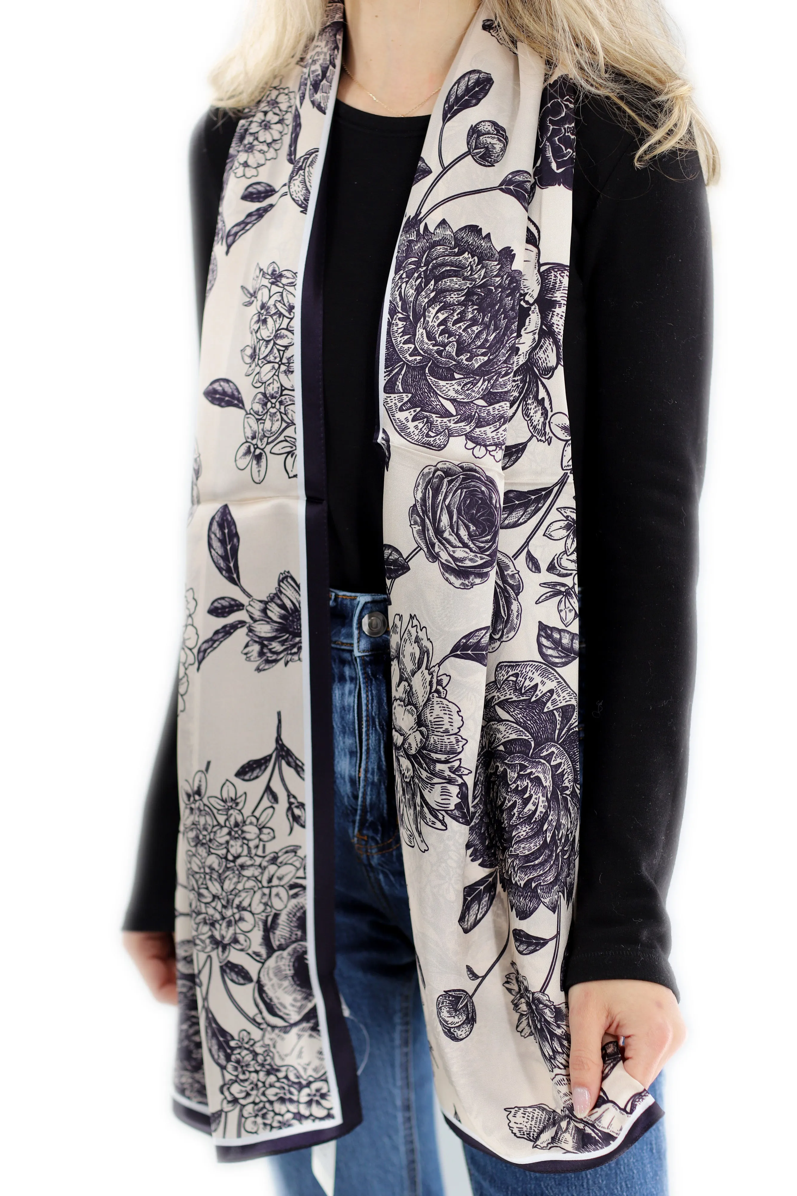 Elegant 100% Silk Floral Print Scarf - Black - One Size (38x30in)