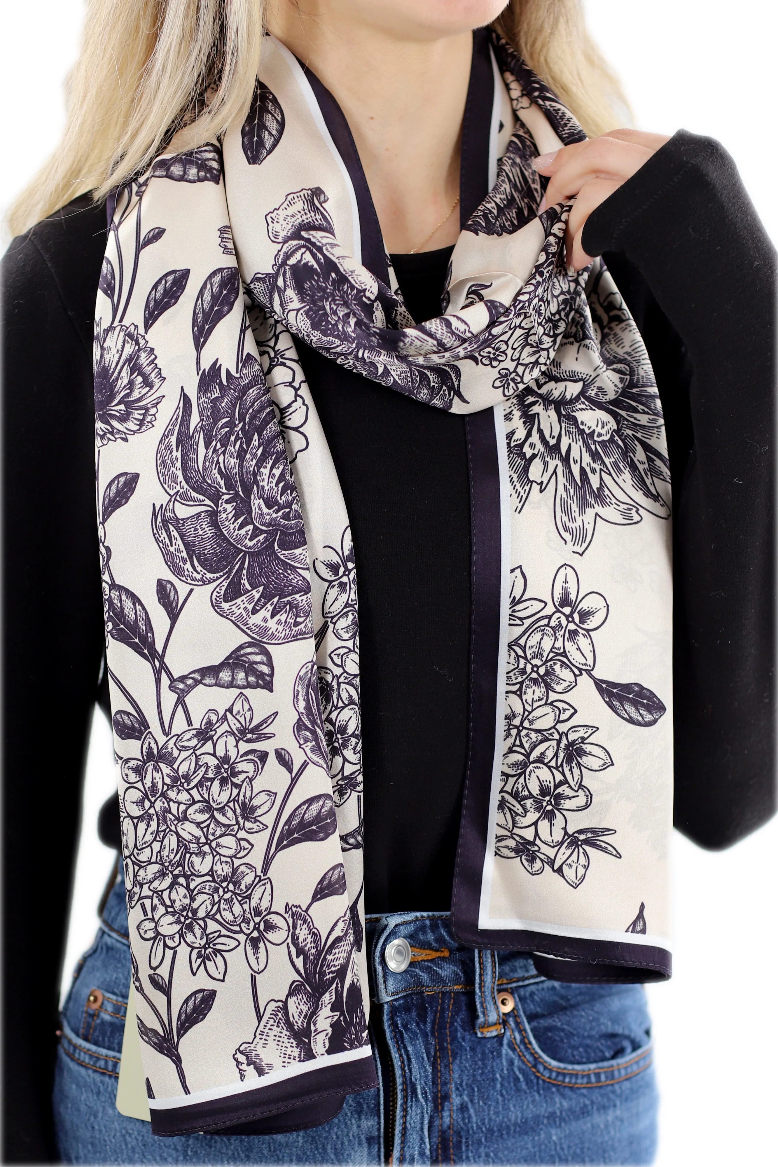 Elegant 100% Silk Floral Print Scarf - Black - One Size (38x30in)