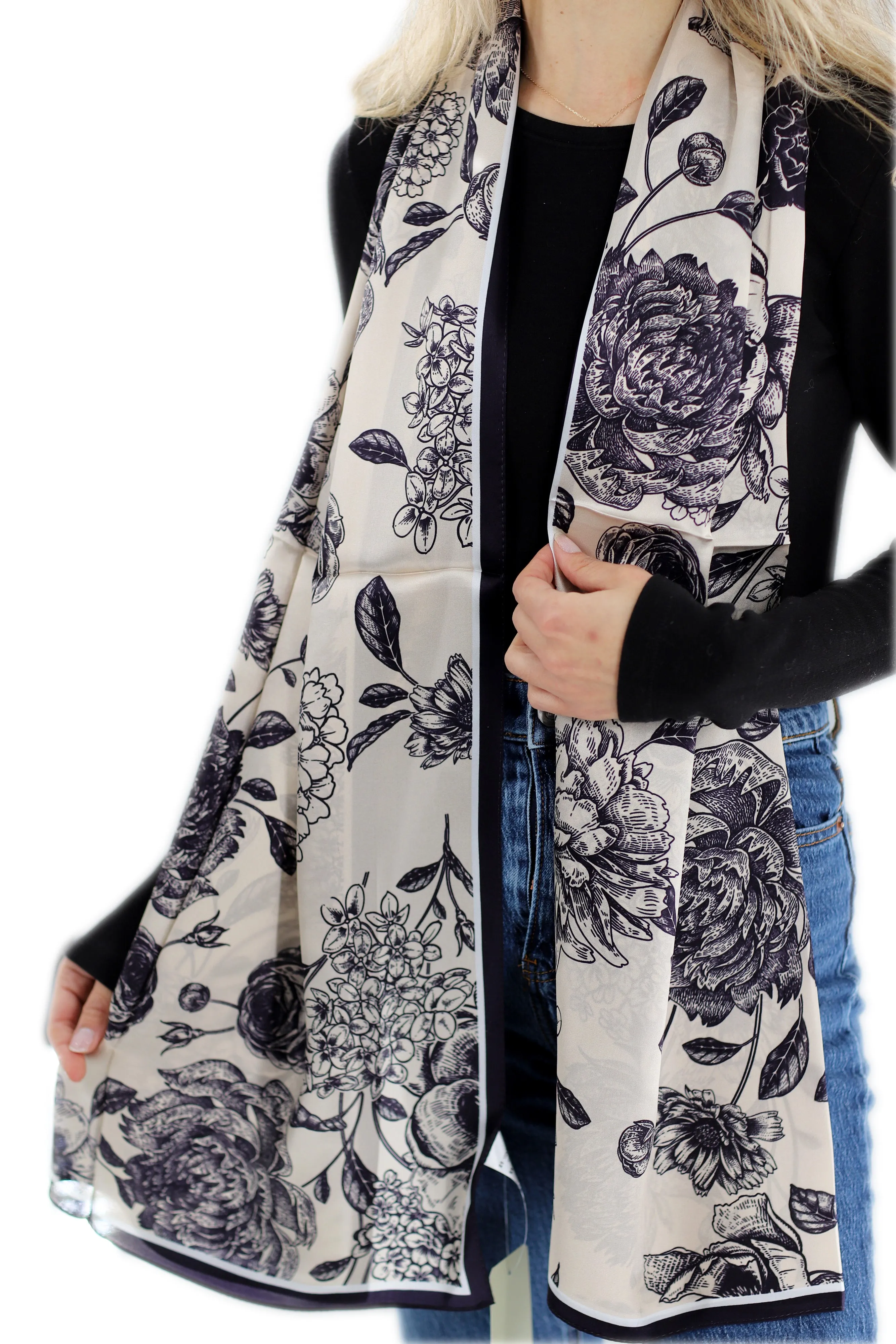 Elegant 100% Silk Floral Print Scarf - Black - One Size (38x30in)