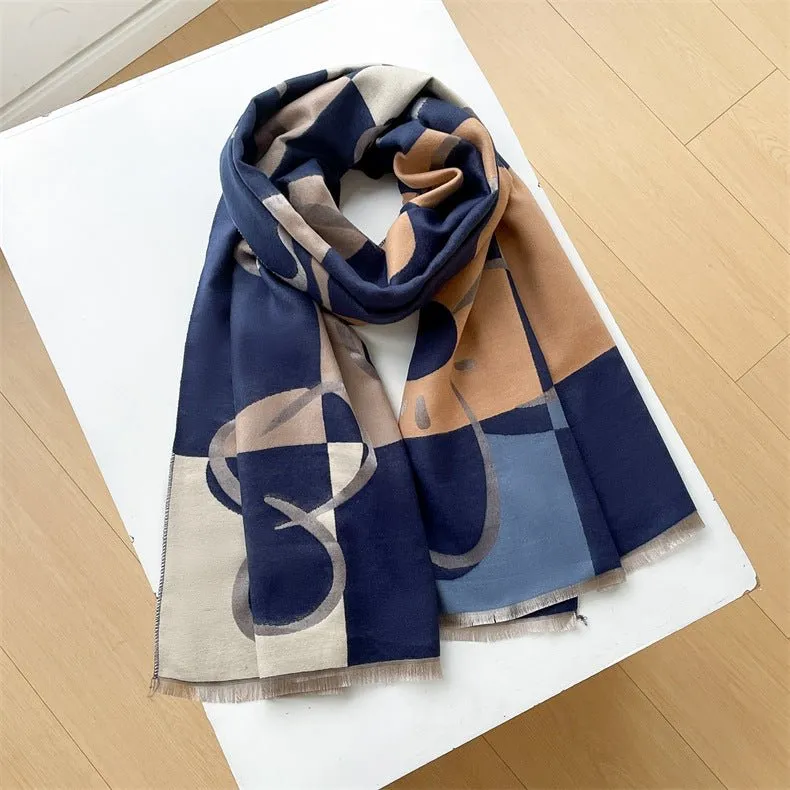 Elegant Color Block Floral Design Luxury Winter Shawl Scarves