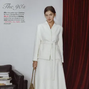Elegant Wool Suit with Belted Coat and Skirt