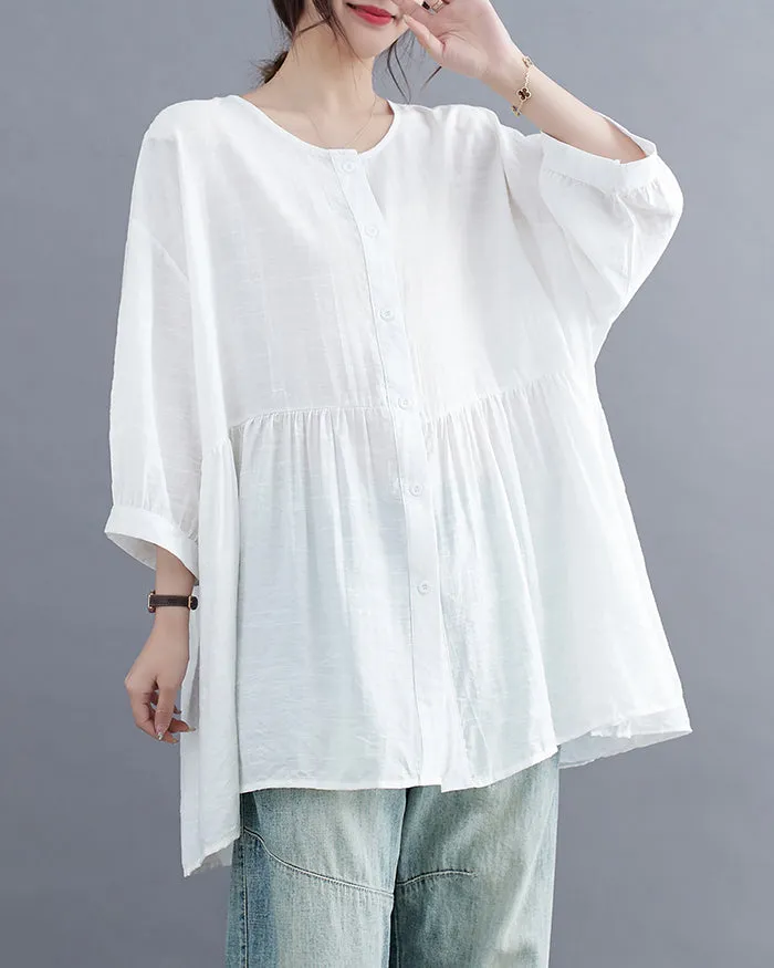 ellazhu Women's Shirt Button Down Crewneck Patchwork 3/4 Sleeve Flowy Hem Solid Loose Oversize GA2762