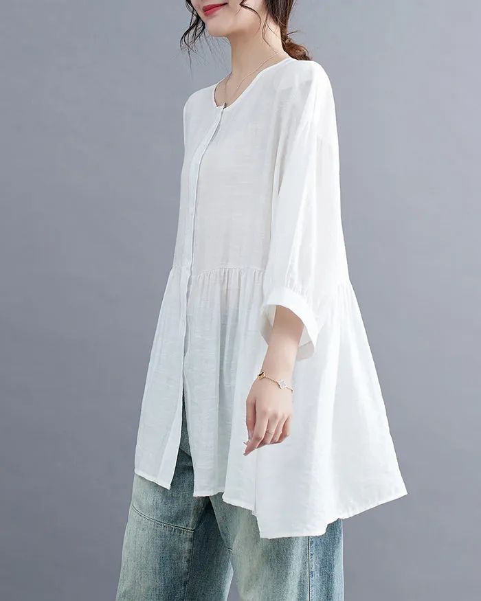 ellazhu Women's Shirt Button Down Crewneck Patchwork 3/4 Sleeve Flowy Hem Solid Loose Oversize GA2762