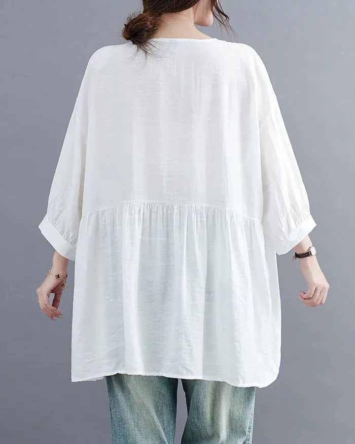 ellazhu Women's Shirt Button Down Crewneck Patchwork 3/4 Sleeve Flowy Hem Solid Loose Oversize GA2762
