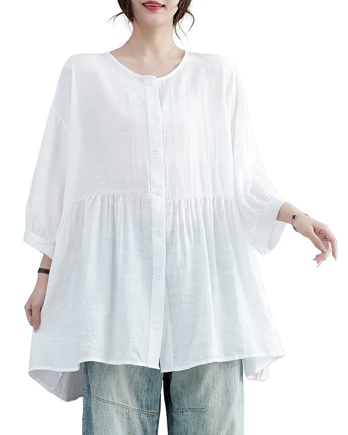 ellazhu Women's Shirt Button Down Crewneck Patchwork 3/4 Sleeve Flowy Hem Solid Loose Oversize GA2762