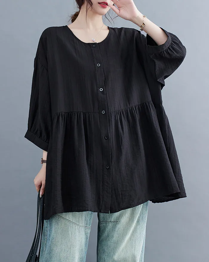 ellazhu Women's Shirt Button Down Crewneck Patchwork 3/4 Sleeve Flowy Hem Solid Loose Oversize GA2762