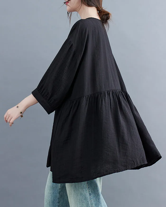 ellazhu Women's Shirt Button Down Crewneck Patchwork 3/4 Sleeve Flowy Hem Solid Loose Oversize GA2762