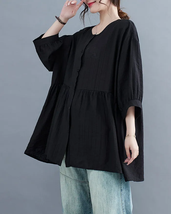ellazhu Women's Shirt Button Down Crewneck Patchwork 3/4 Sleeve Flowy Hem Solid Loose Oversize GA2762