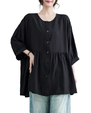 ellazhu Women's Shirt Button Down Crewneck Patchwork 3/4 Sleeve Flowy Hem Solid Loose Oversize GA2762
