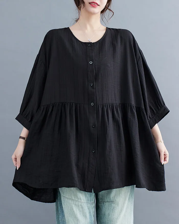 ellazhu Women's Shirt Button Down Crewneck Patchwork 3/4 Sleeve Flowy Hem Solid Loose Oversize GA2762