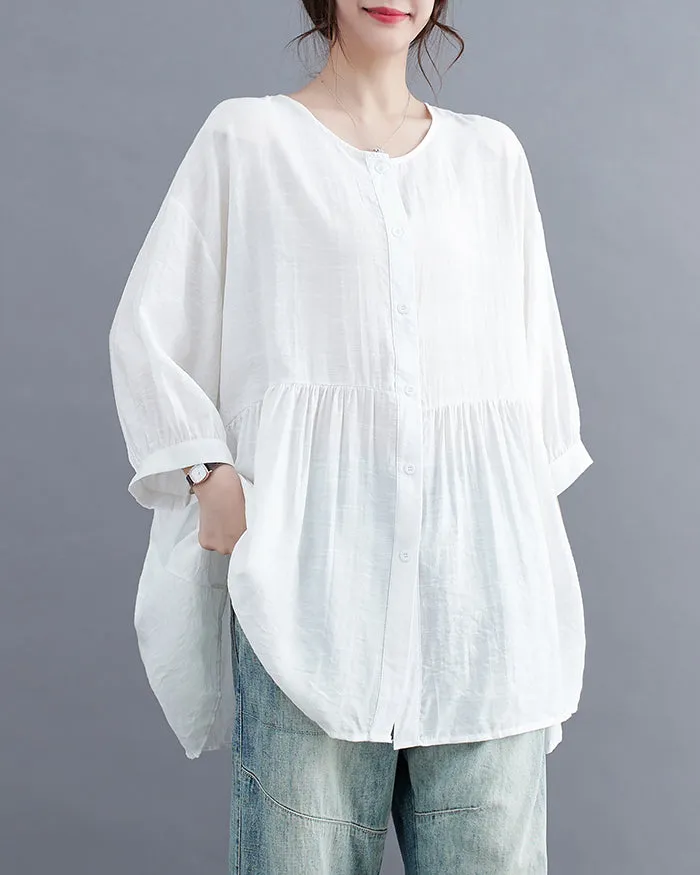 ellazhu Women's Shirt Button Down Crewneck Patchwork 3/4 Sleeve Flowy Hem Solid Loose Oversize GA2762