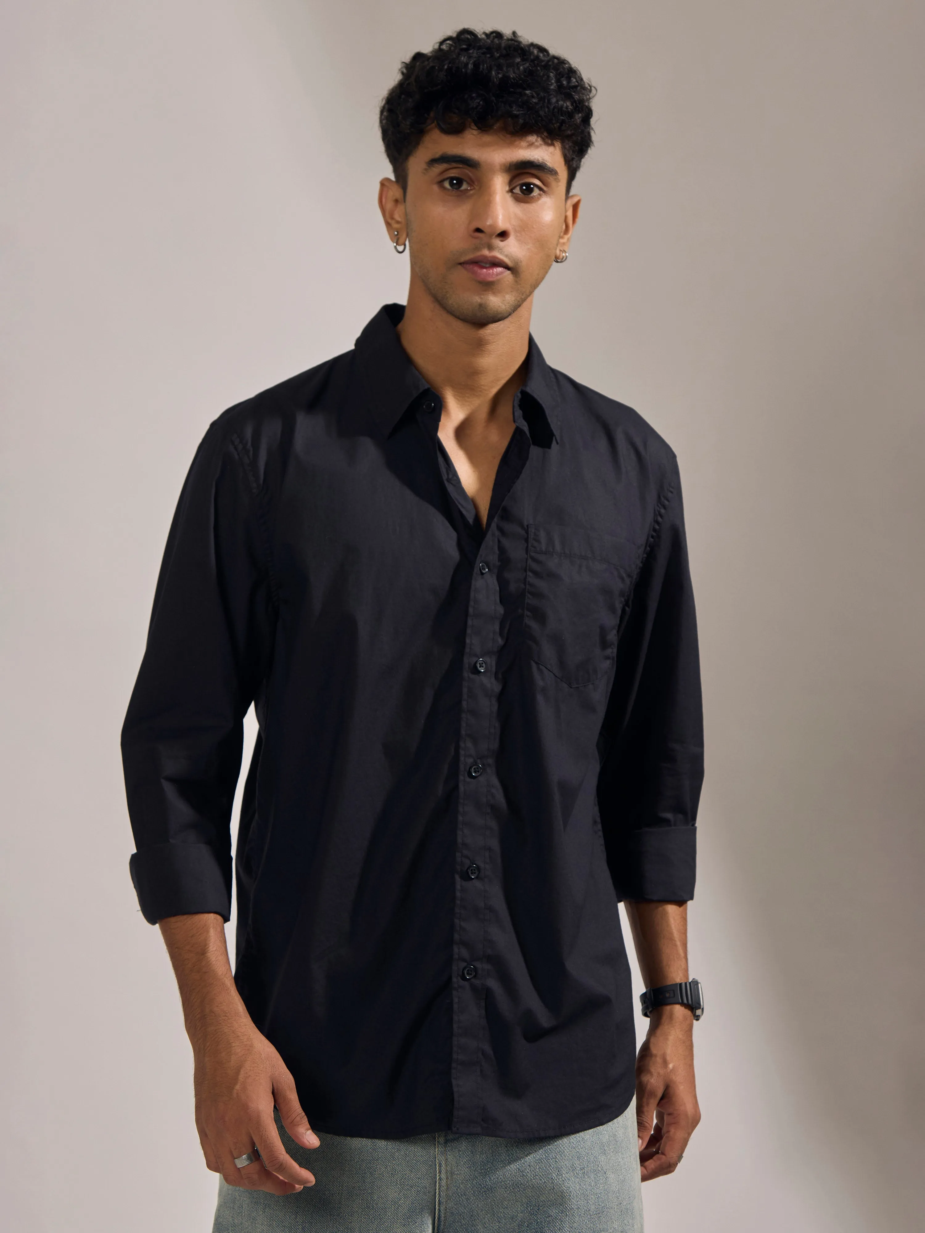 Eluded - Regular Fit Full Sleeve Poplin Shirt - Black