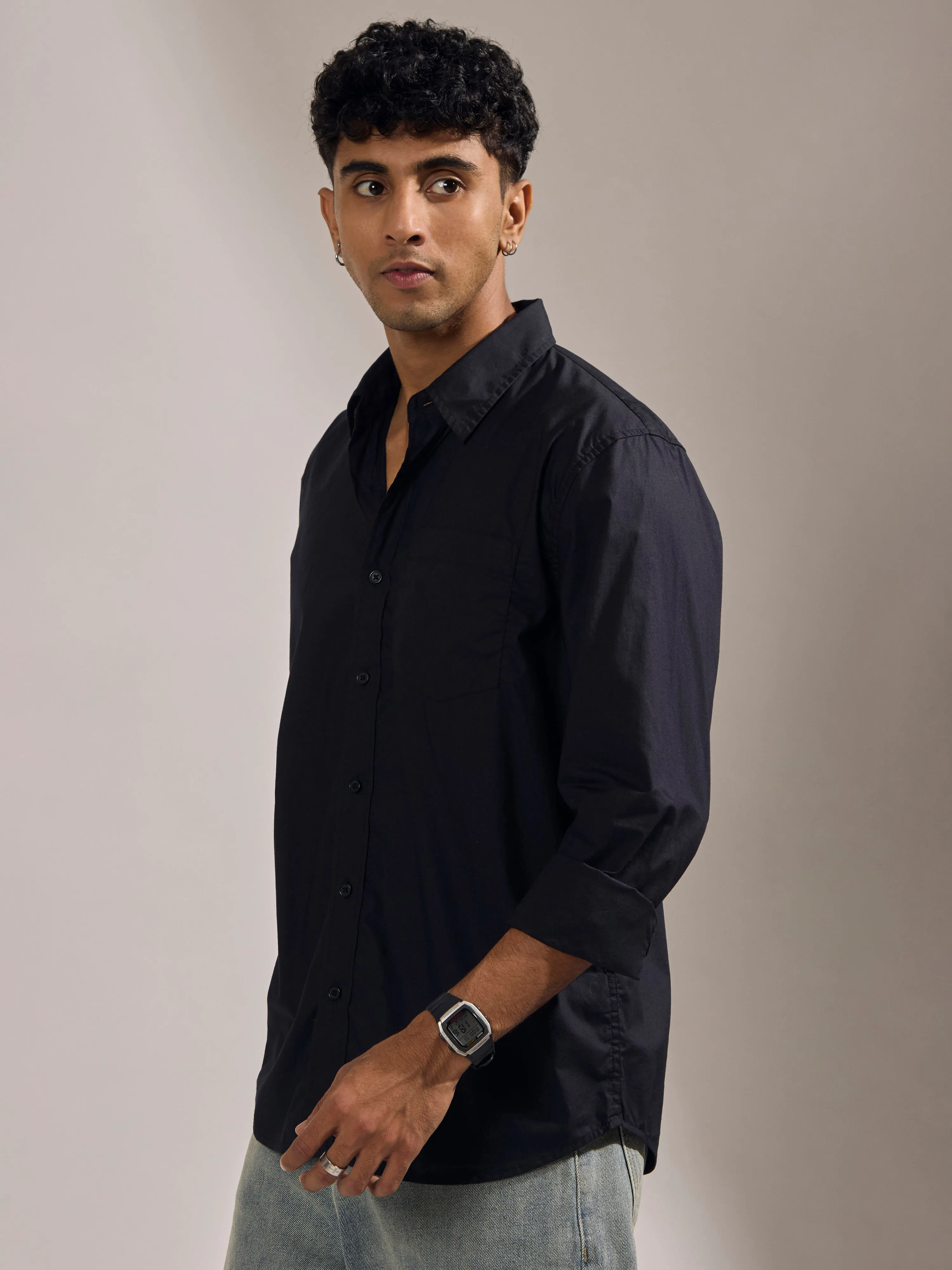 Eluded - Regular Fit Full Sleeve Poplin Shirt - Black