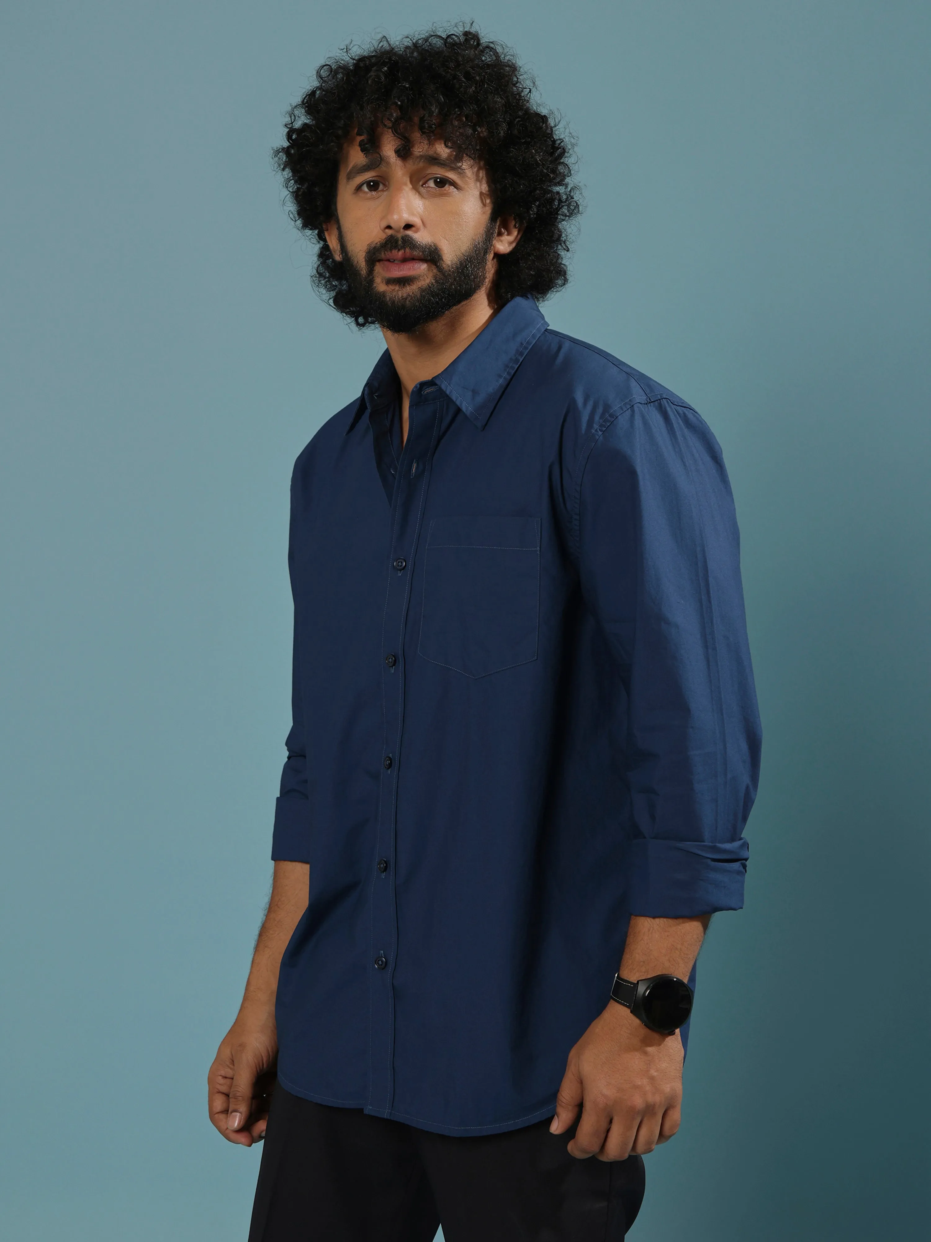 Eluded - Regular Fit Full Sleeve Poplin Shirt - Dark Blue