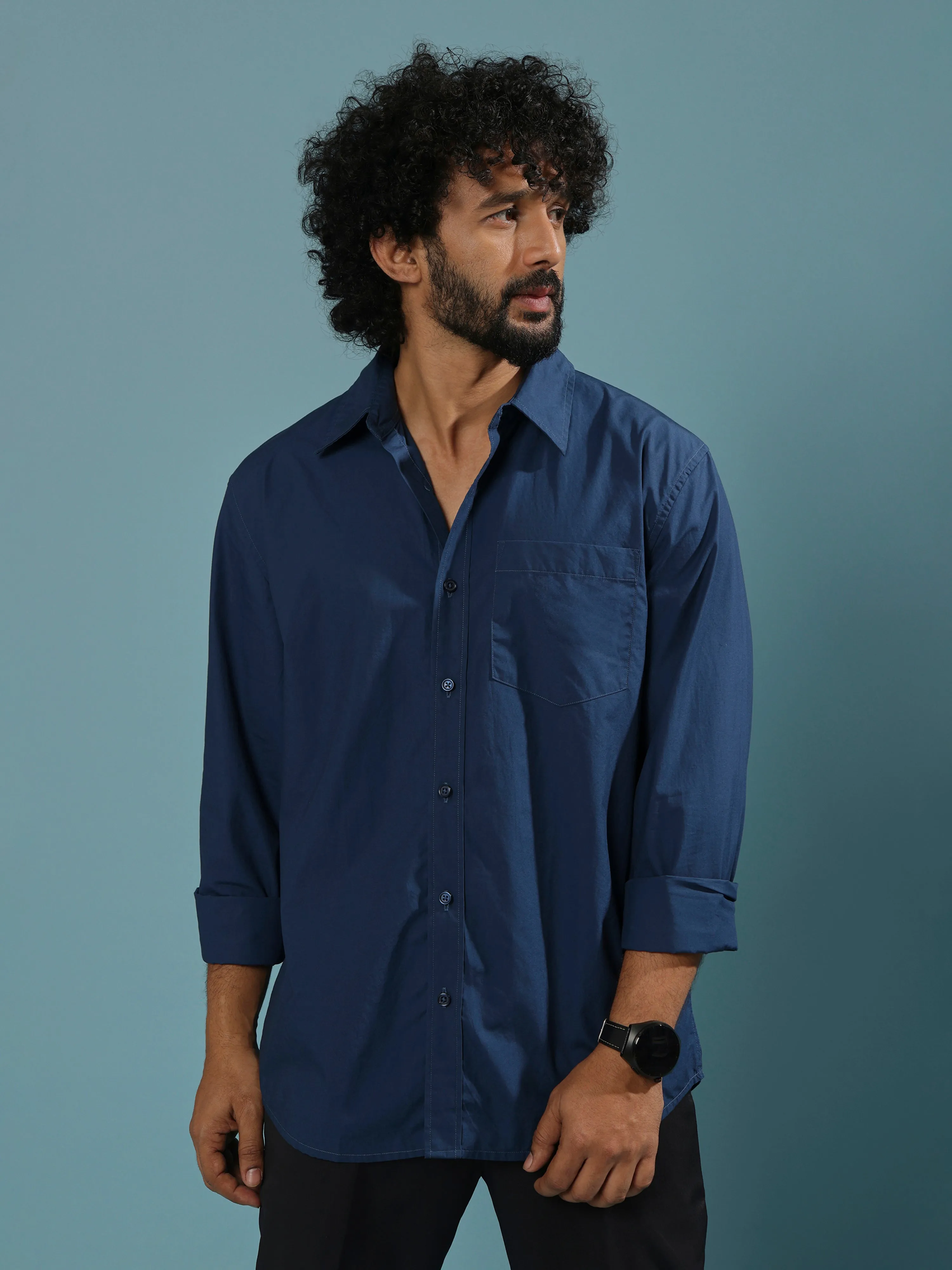 Eluded - Regular Fit Full Sleeve Poplin Shirt - Dark Blue