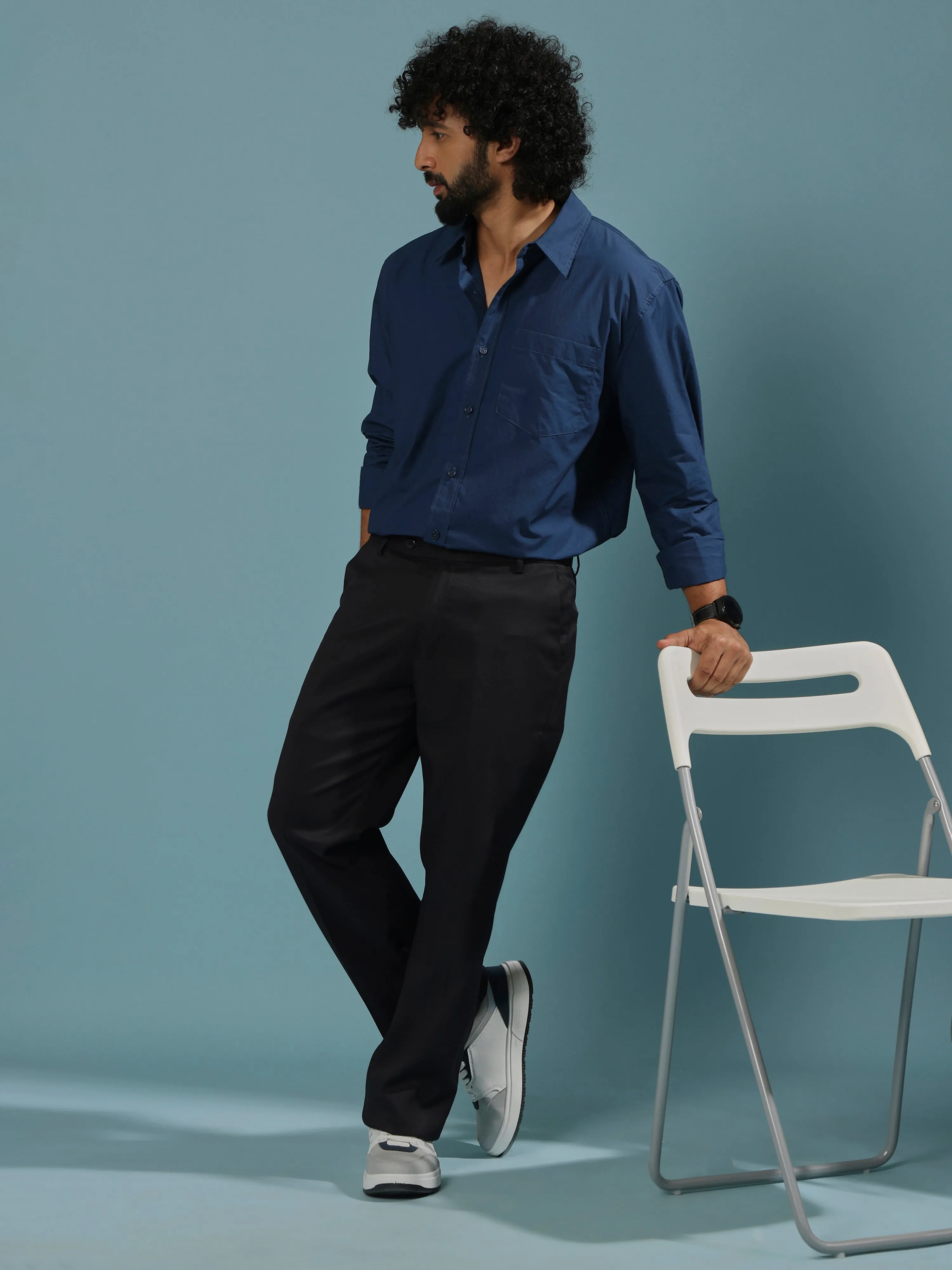 Eluded - Regular Fit Full Sleeve Poplin Shirt - Dark Blue