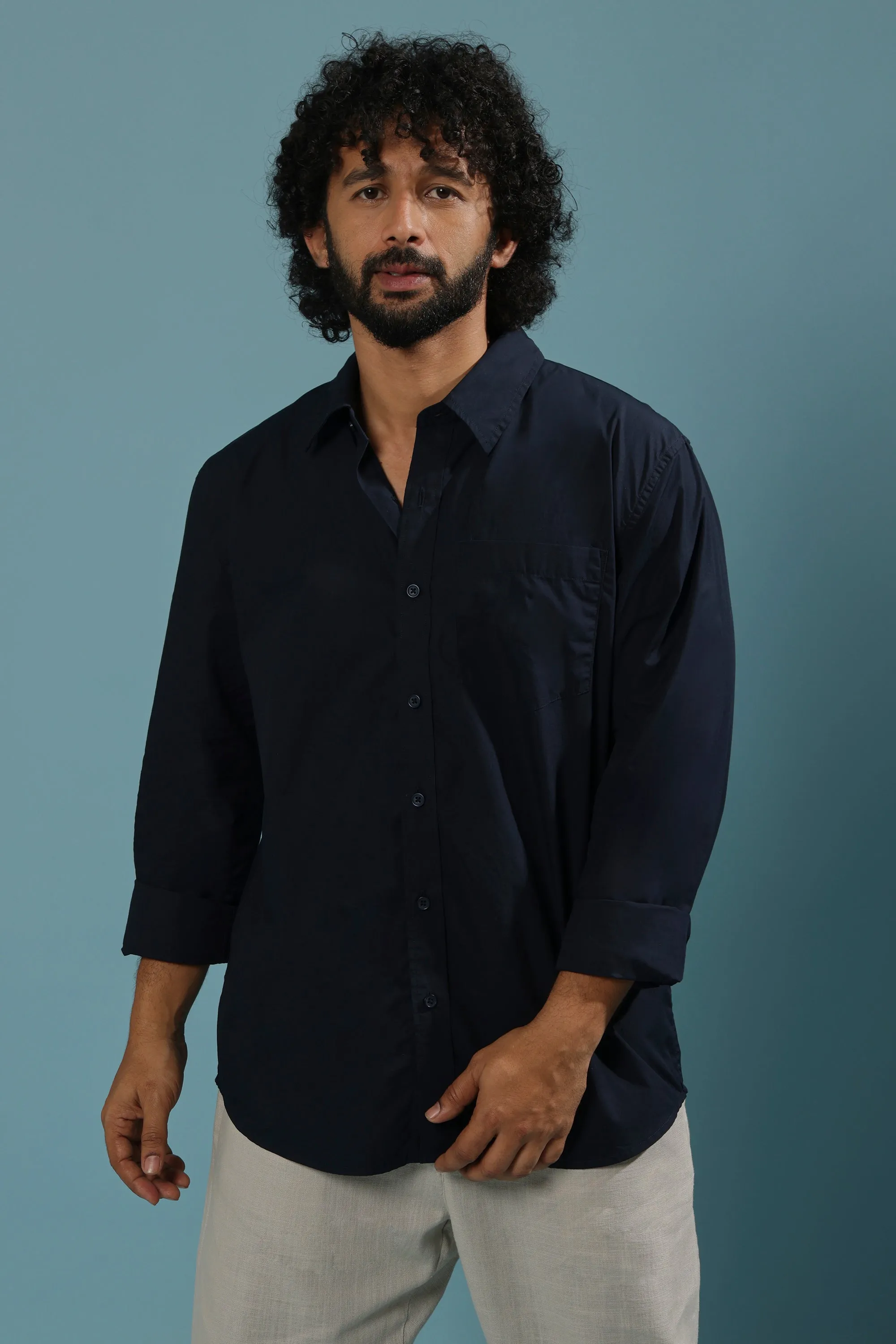 Eluded - Regular Fit Full Sleeve Poplin Shirt - Navy Blue