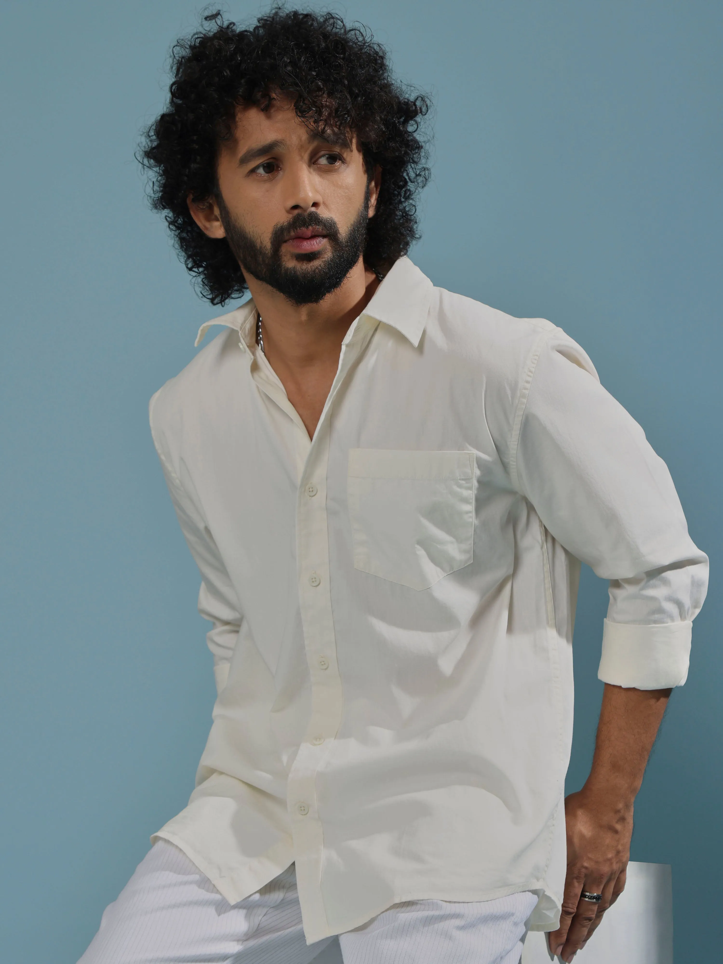 Eluded - Regular Fit Full Sleeve Poplin Shirt - Off White