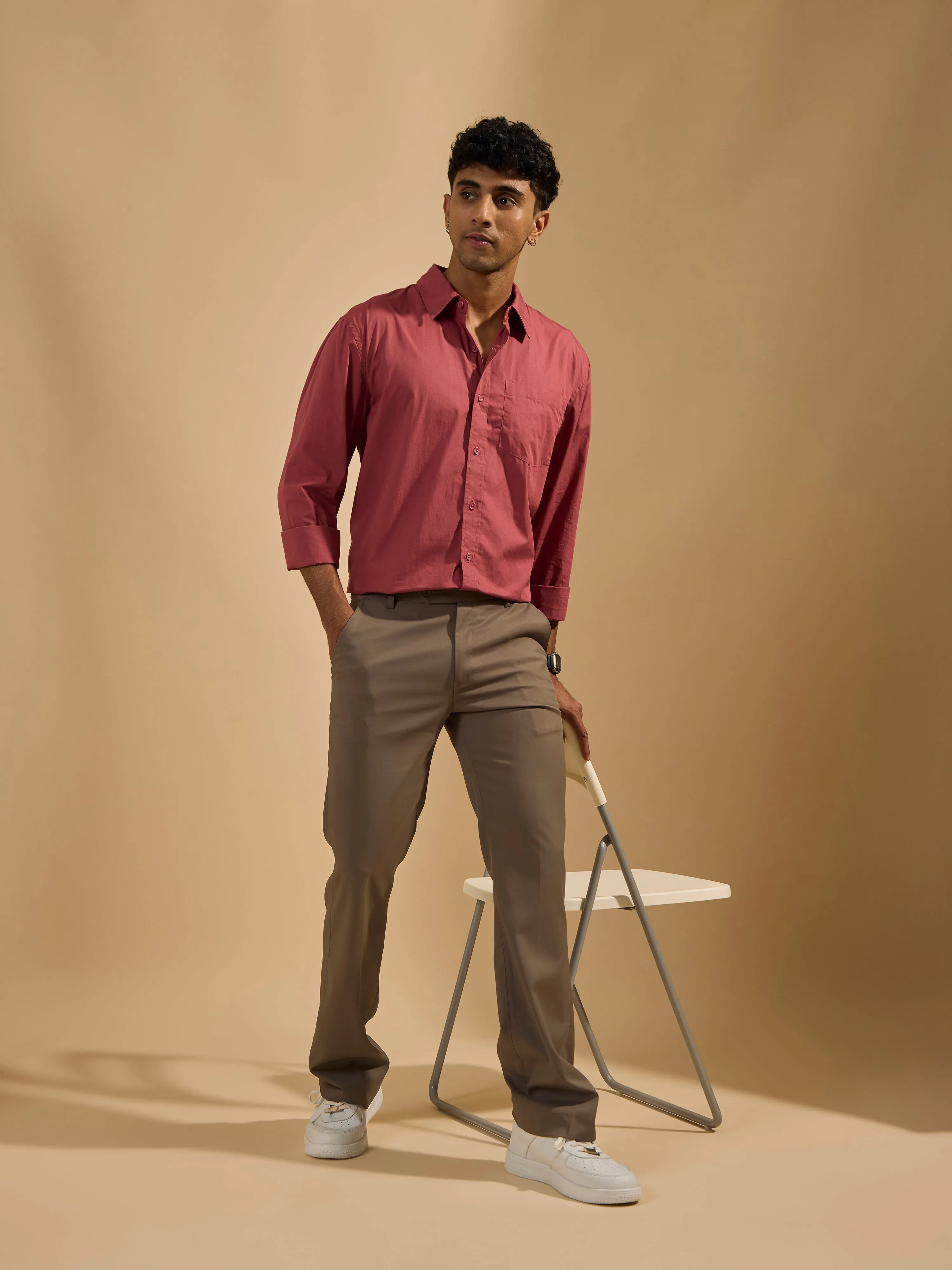 Eluded - Regular Fit Full Sleeve Poplin Shirt - Red