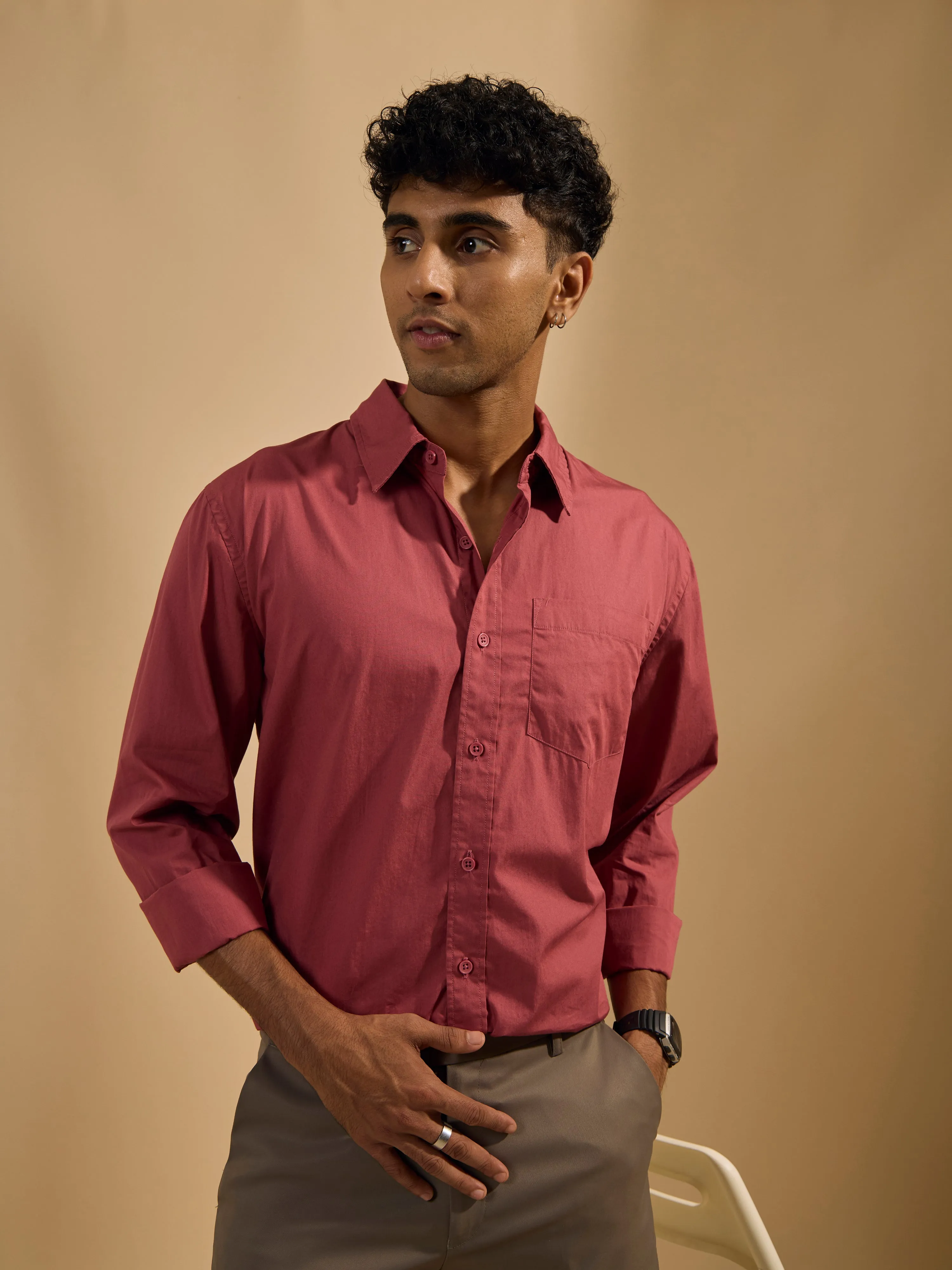 Eluded - Regular Fit Full Sleeve Poplin Shirt - Red