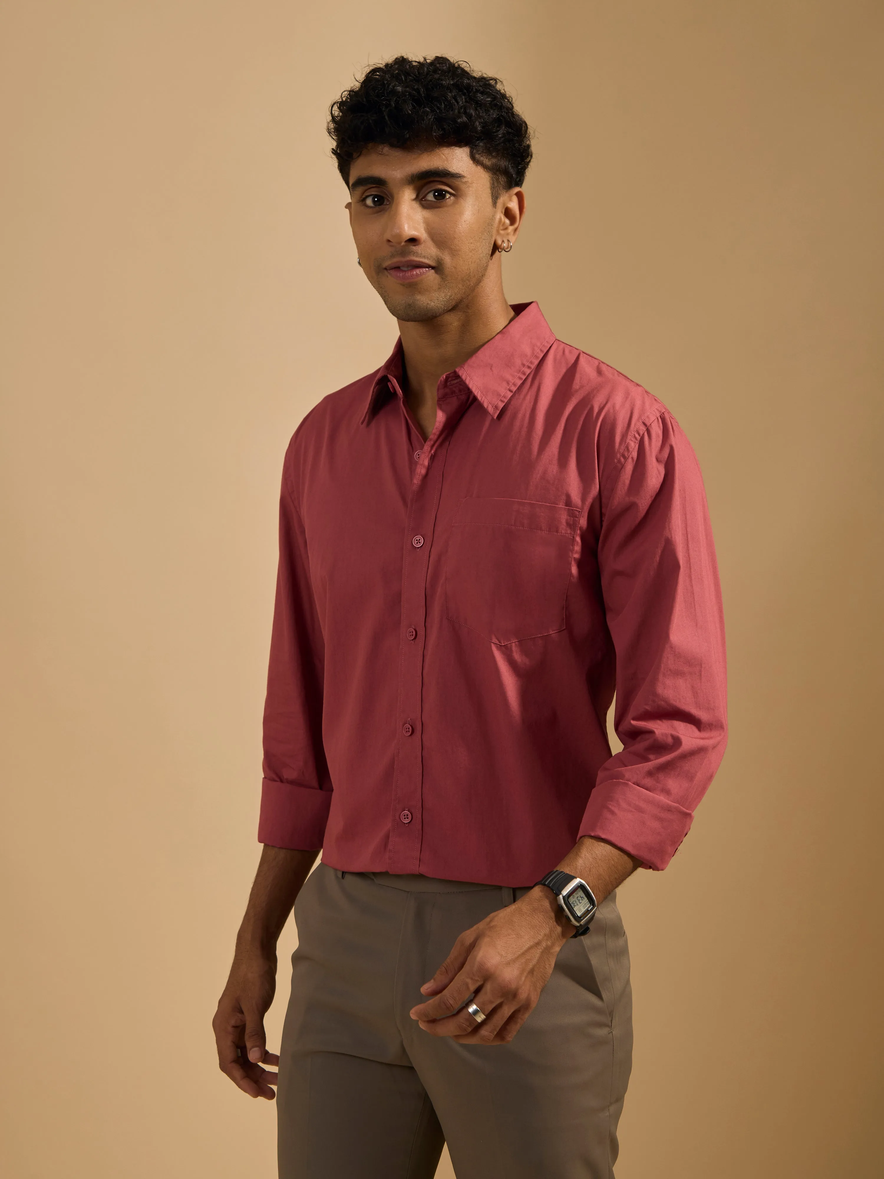 Eluded - Regular Fit Full Sleeve Poplin Shirt - Red