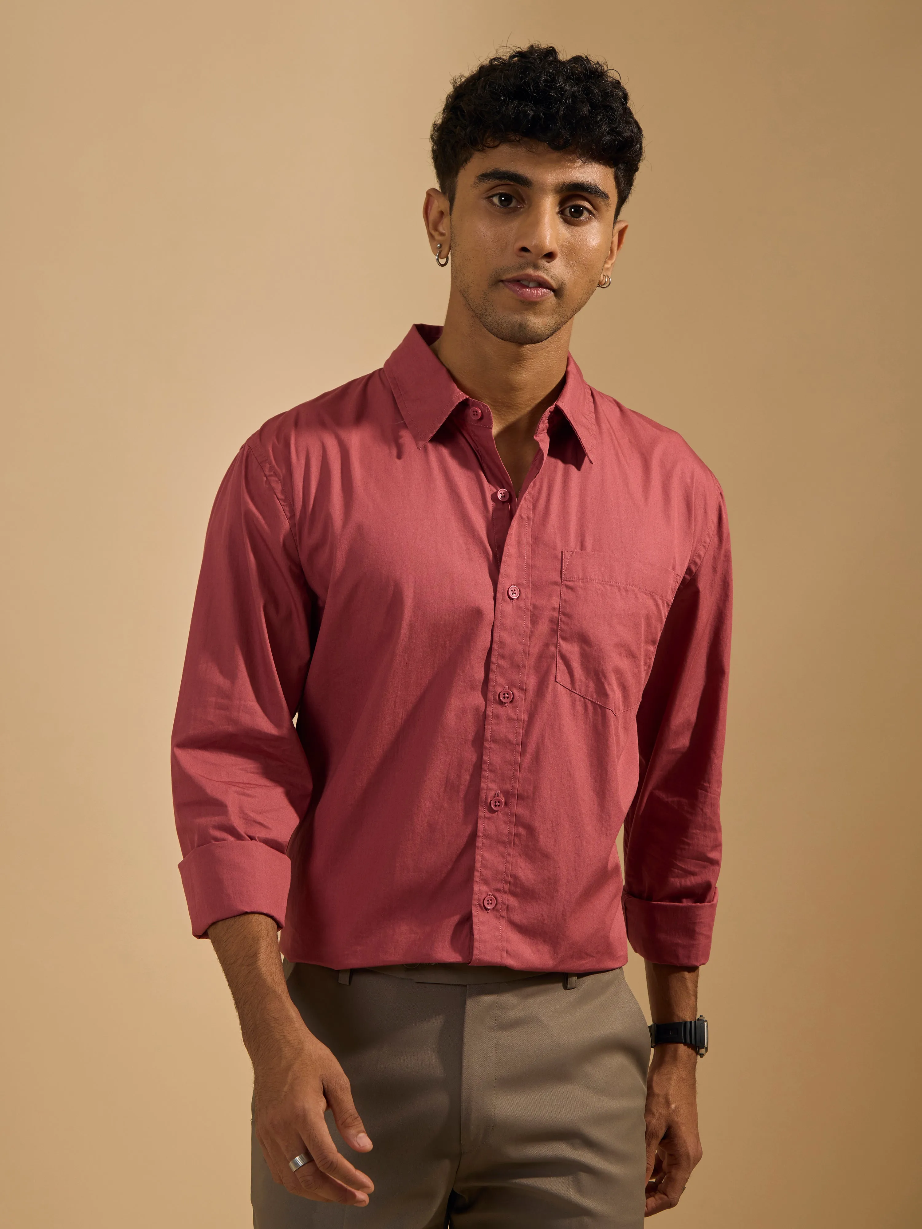 Eluded - Regular Fit Full Sleeve Poplin Shirt - Red