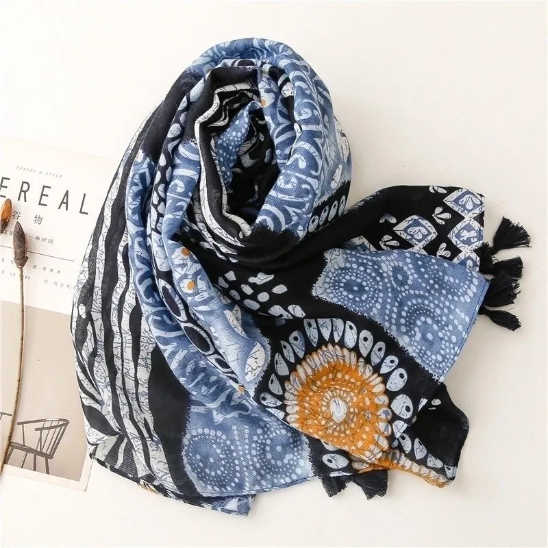 Ethnic Blue And White Porcelain Pop Totem Silk Scarf Long Braid Gauze Scarf Wholesale