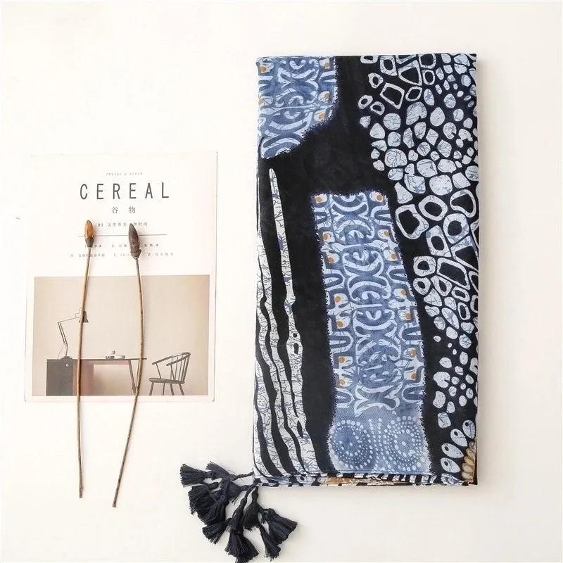 Ethnic Blue And White Porcelain Pop Totem Silk Scarf Long Braid Gauze Scarf Wholesale