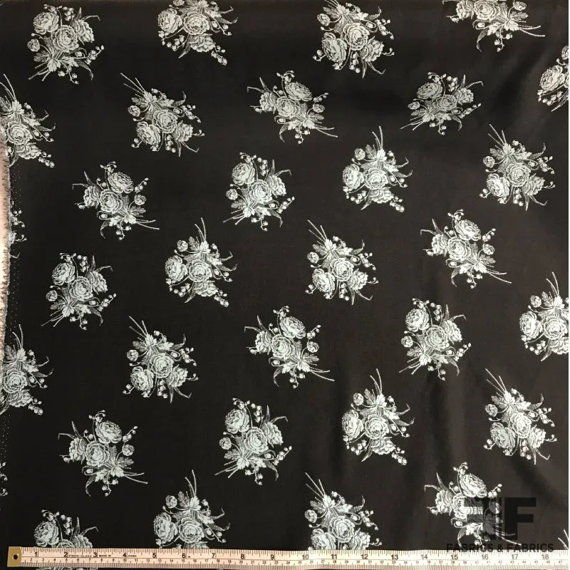 Floral Light-Weight Washed Silk Crepe de Chine - Dark Blue / Baby Blue