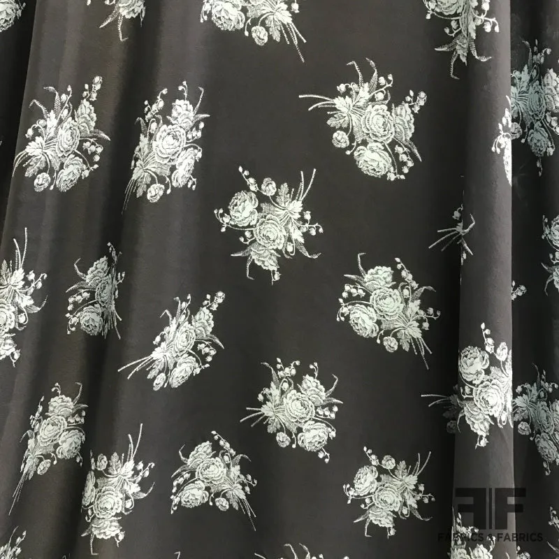Floral Light-Weight Washed Silk Crepe de Chine - Dark Blue / Baby Blue