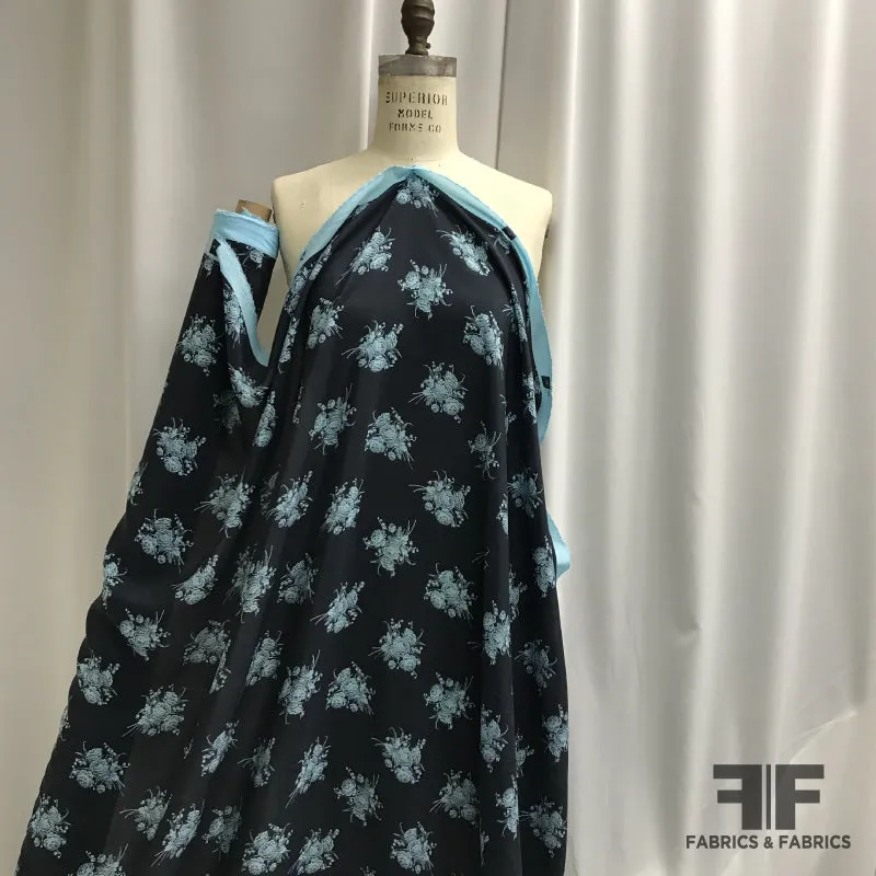 Floral Light-Weight Washed Silk Crepe de Chine - Dark Blue / Baby Blue