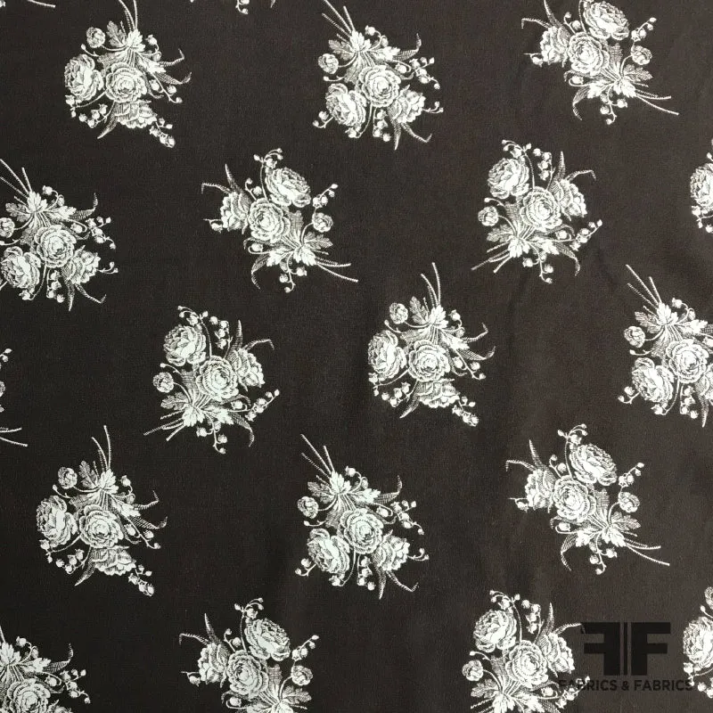 Floral Light-Weight Washed Silk Crepe de Chine - Dark Blue / Baby Blue