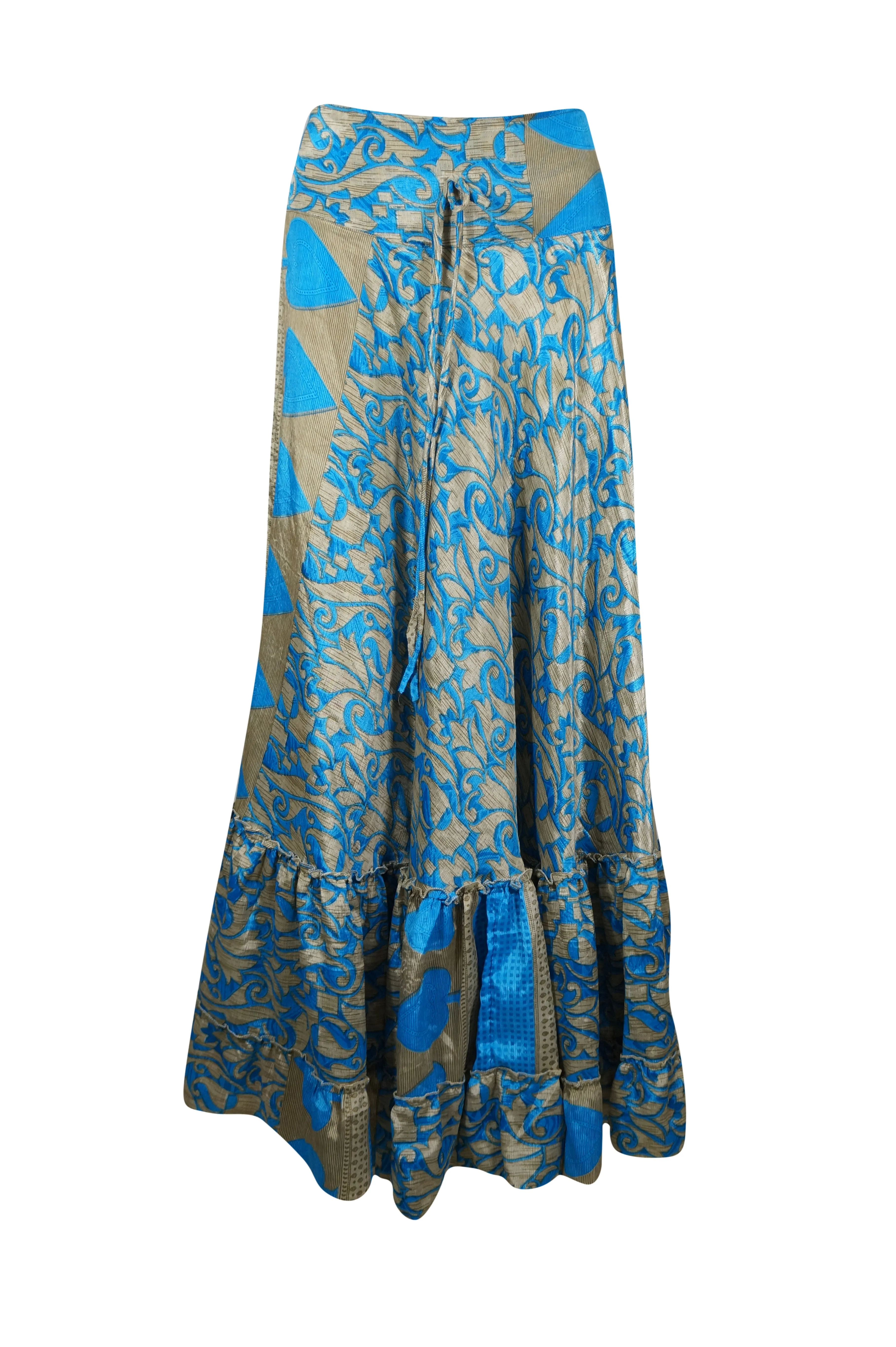 Flowy Skirts for Women Light Blue Floral Beach Maxi Skirt Tiered Ruffle ML