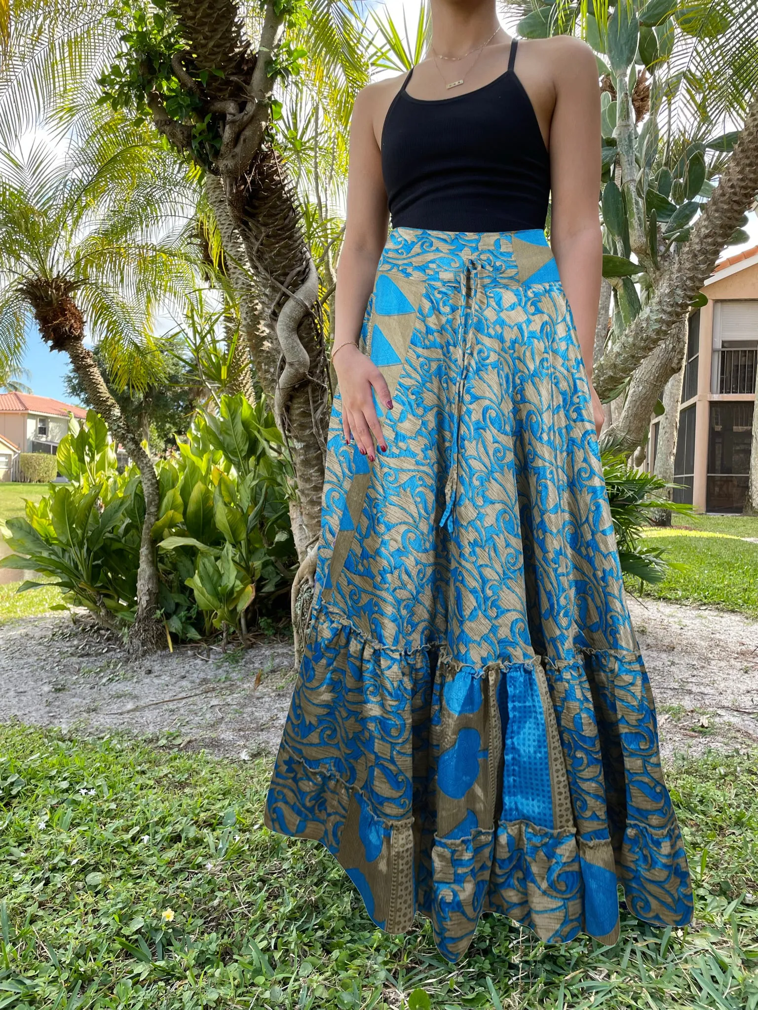 Flowy Skirts for Women Light Blue Floral Beach Maxi Skirt Tiered Ruffle ML