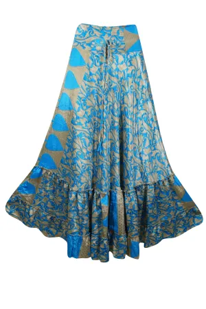 Flowy Skirts for Women Light Blue Floral Beach Maxi Skirt Tiered Ruffle ML