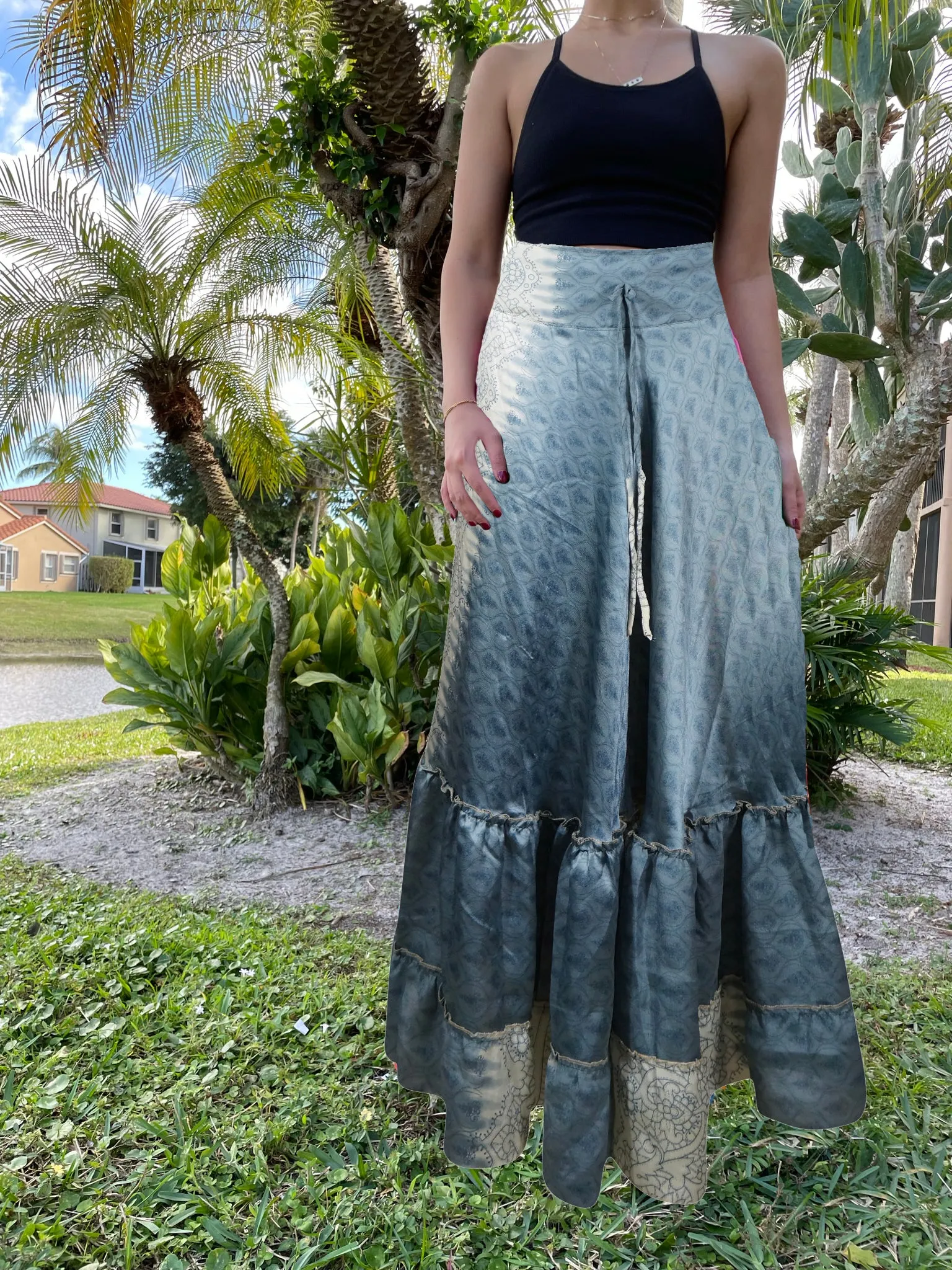 Flowy Skirts for Women Stone Blue Beach Maxi Skirt Tiered Ruffle Boho Skirt ML