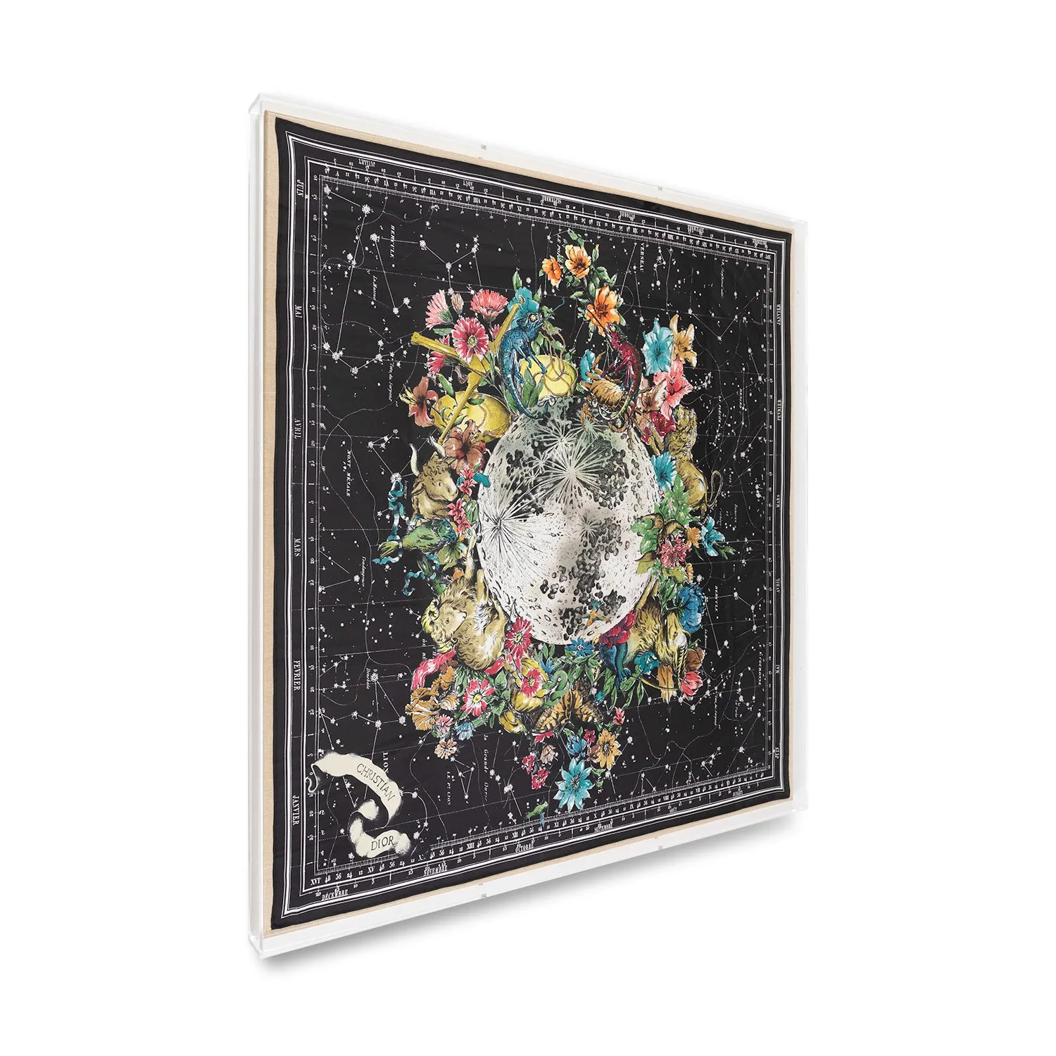 Framed Christian Dior Zodiac Scarf in a 36x36x2 Shadowbox